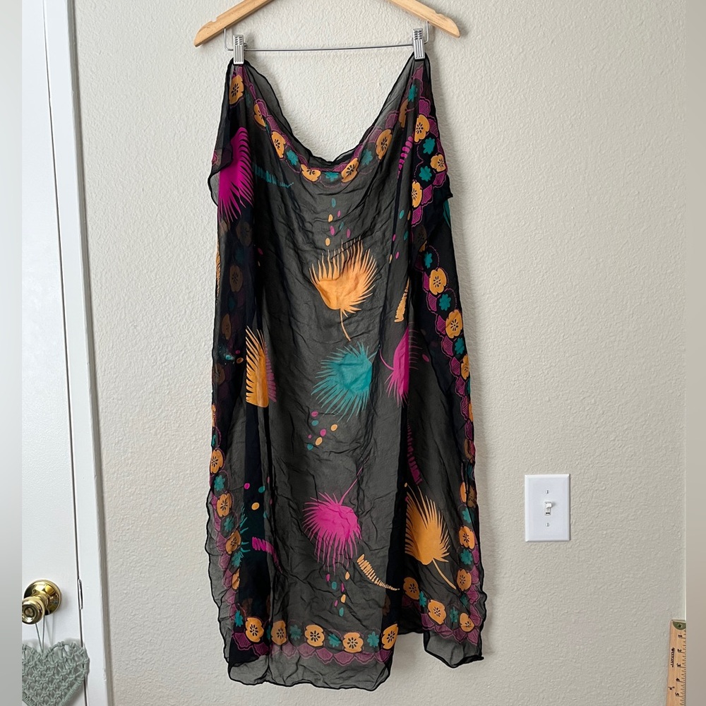 Silk Scarf Wrap Floral Nature Print Black Orange Blue Pink Boho